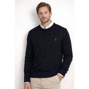 Polo Ralph Lauren M Cable Knit Sweater XL Black Cotton Crew Neck Preppy Golf